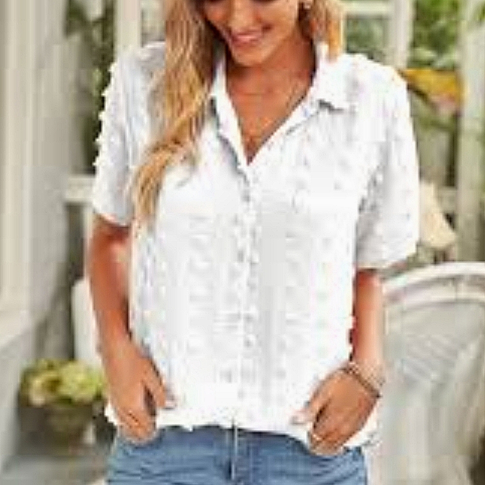 White Sheer Swiss Dot Button Down Short Sleeve Blouse Top Large